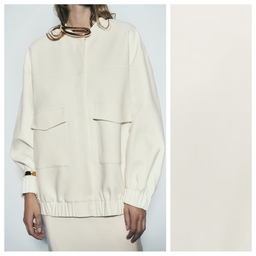 NWT. Zara Oyster White Long Bomber Jacket with Patch Pockets. Size S